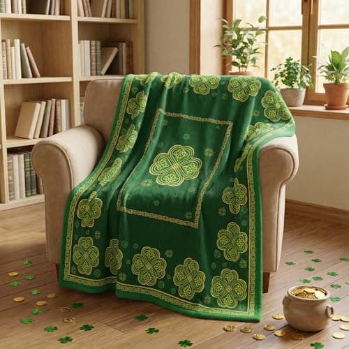 Horaldaily St. Patrick's Day Flannel Blanket Throw, Shamrock Celtic Knot Relief Style Soft Fuzzy Plush Cozy Fleece Blankets for Couch Sofa Bed Lounging, Ideal Gifts for Kids Adults Self, 50x60