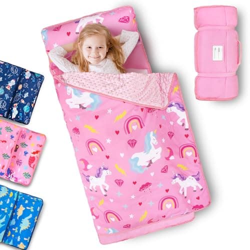 Primlect Toddler Nap Mat with Removable Pillow and Fleece Blanket Extra Large 55x35 Sleeping Bag Washable Light Easy to Roll up Perfect for Daycare Preschool Kindergarten Travel