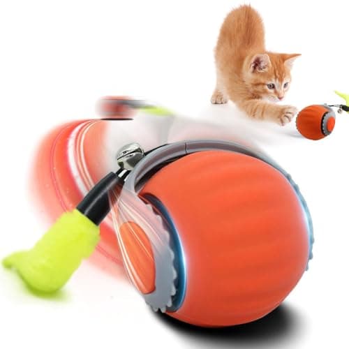 Qpets® Automatic Electric Cat Ball Toy, 2-Speed Interactive Rolling Ball with Feather Teaser Tail & Bell, Self Play Toy for Indoor Cats & Kittens - USB Rechargeable Cat Teaser