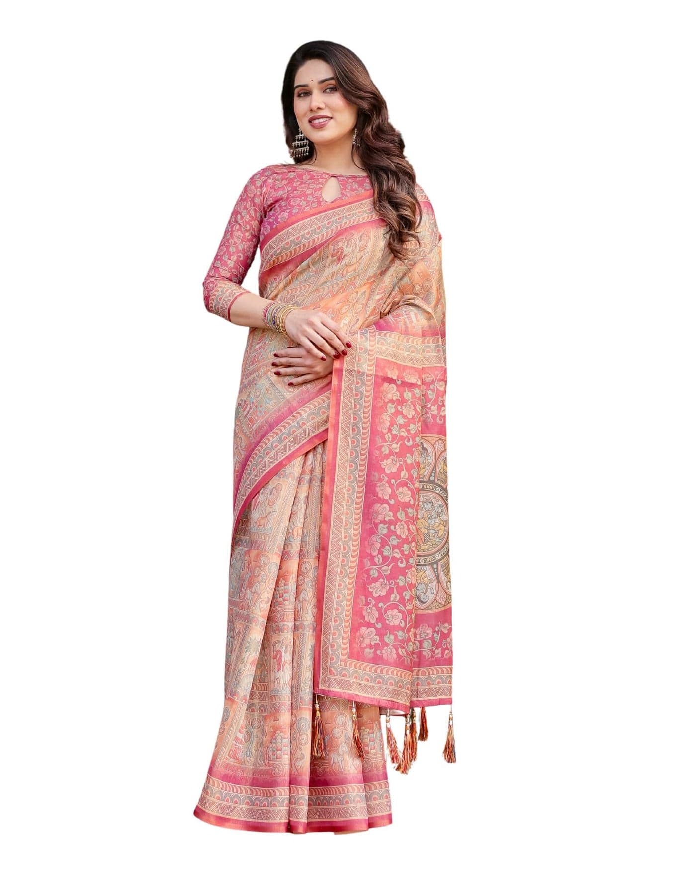 ALMAARI FASHION Women's Floral Printed Handloom Cotton Silk Saree with Zari Border and Tassel Pallu Unstitched Blouse Piece | Traditional Ethnic Wear Sarees | Women saree silk | Festive Sari Women's