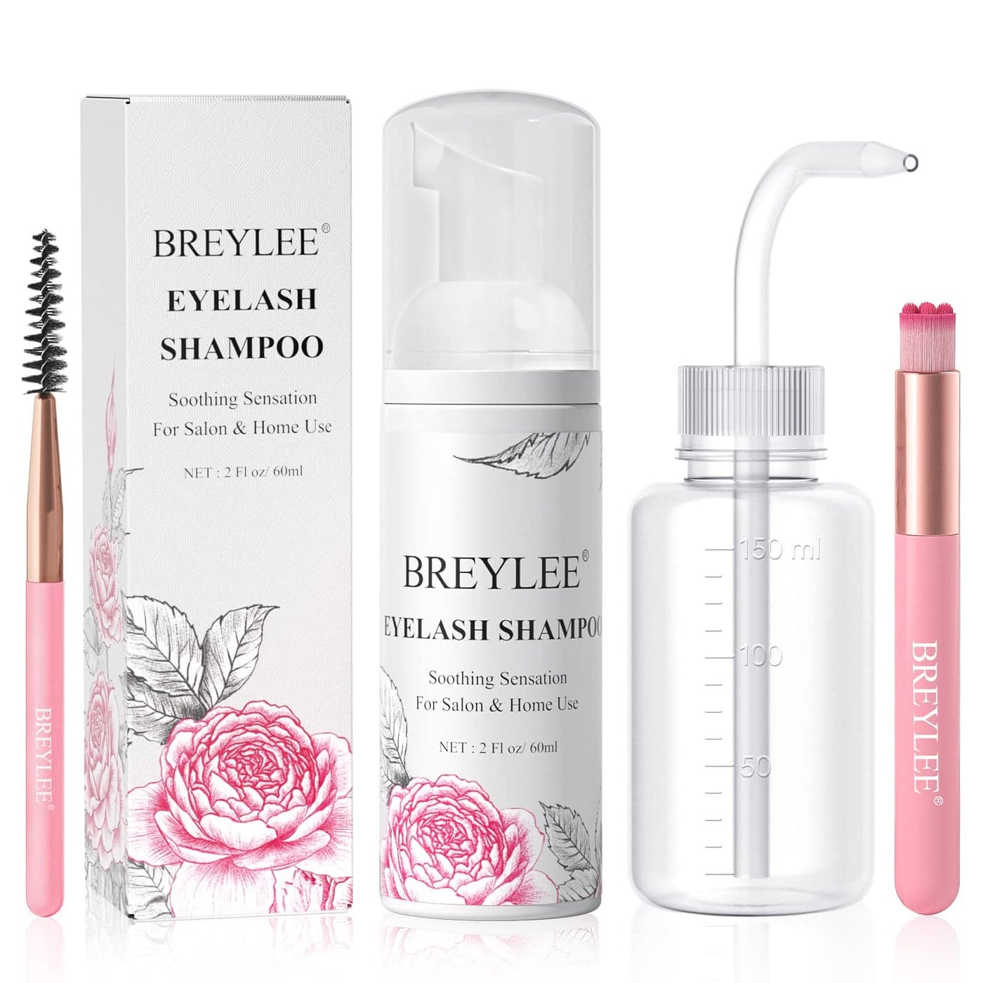 BREYLEE Shampoo for Lash Extensions 60mlRinse BottleBrushes Eyelash Extension Cleanser Lash Wash Bath Lash Cleaner for Makeup Cleansing Foams Paraben Sulfate Free for Salon and Home Use