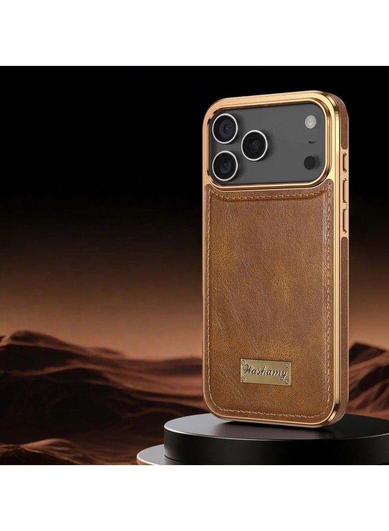 Compatible with iPhone 17 Pro Max Electroplated Oil-Waxed Crazy Horse Leather Case Full-Coverage Lens Protection Drop Resistance Retro Texture