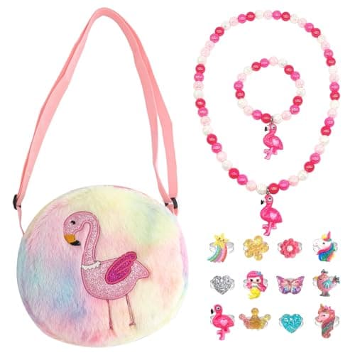 Elesa Miracle Little Girl Plush Purse Handbag Kids Necklace Pretend Play Toy Playset Jewelry Crossbody Purse for Children Toddler Baby Girls Flamingo
