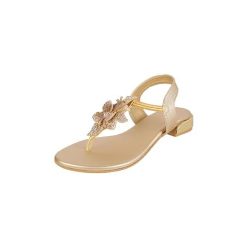 Metro Women Gold Synthetic Floral Embellished Flat Sandal UK/7 EU/40 (35-1209)