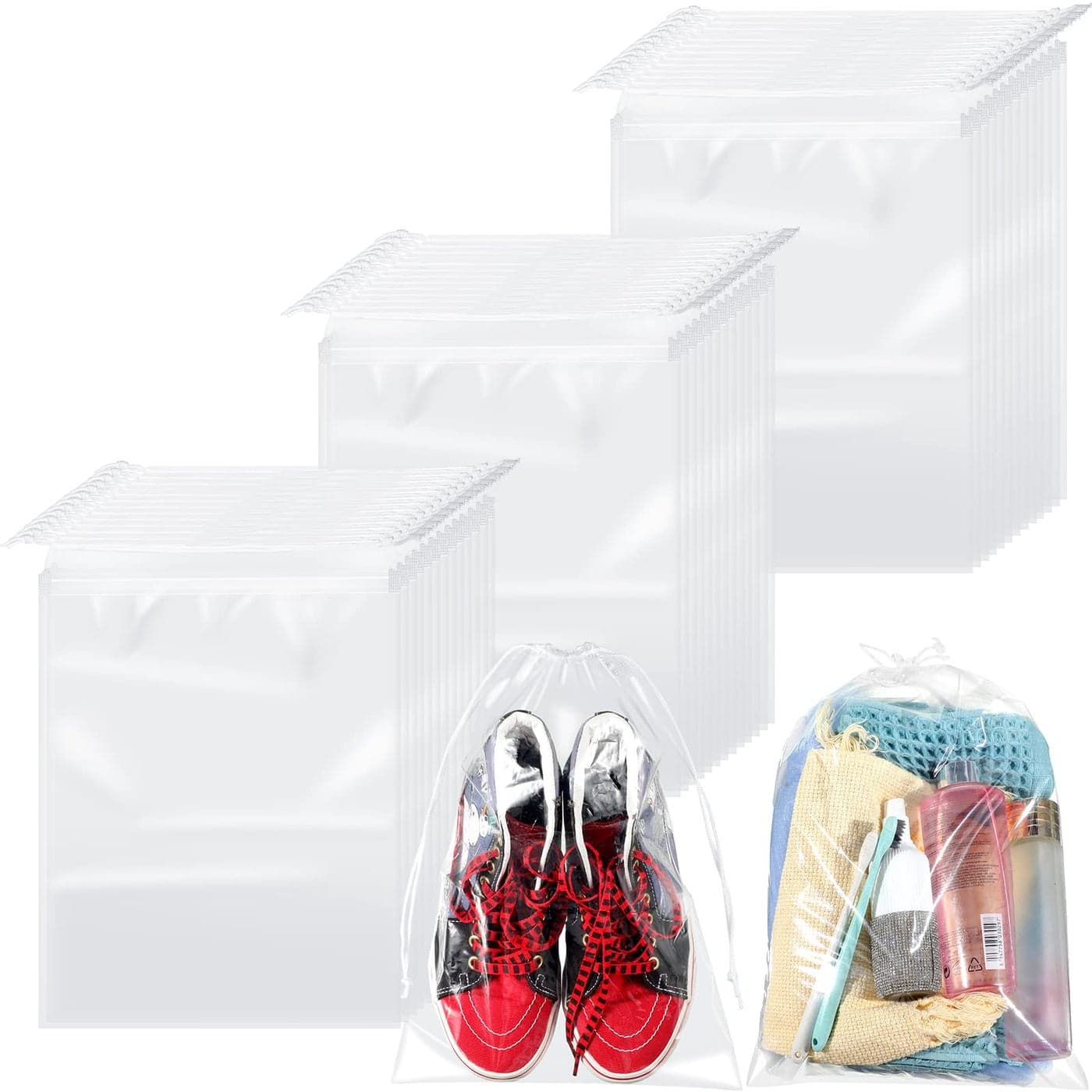 Thenshop 100 Pieces Plastic Shoe Bags for Travel Large Clear Drawstring Bags 12 x 16 Inch Travel Shoe Organizers Thick Waterproof Storage Portable Pouch with Rope for Slipper Men Women