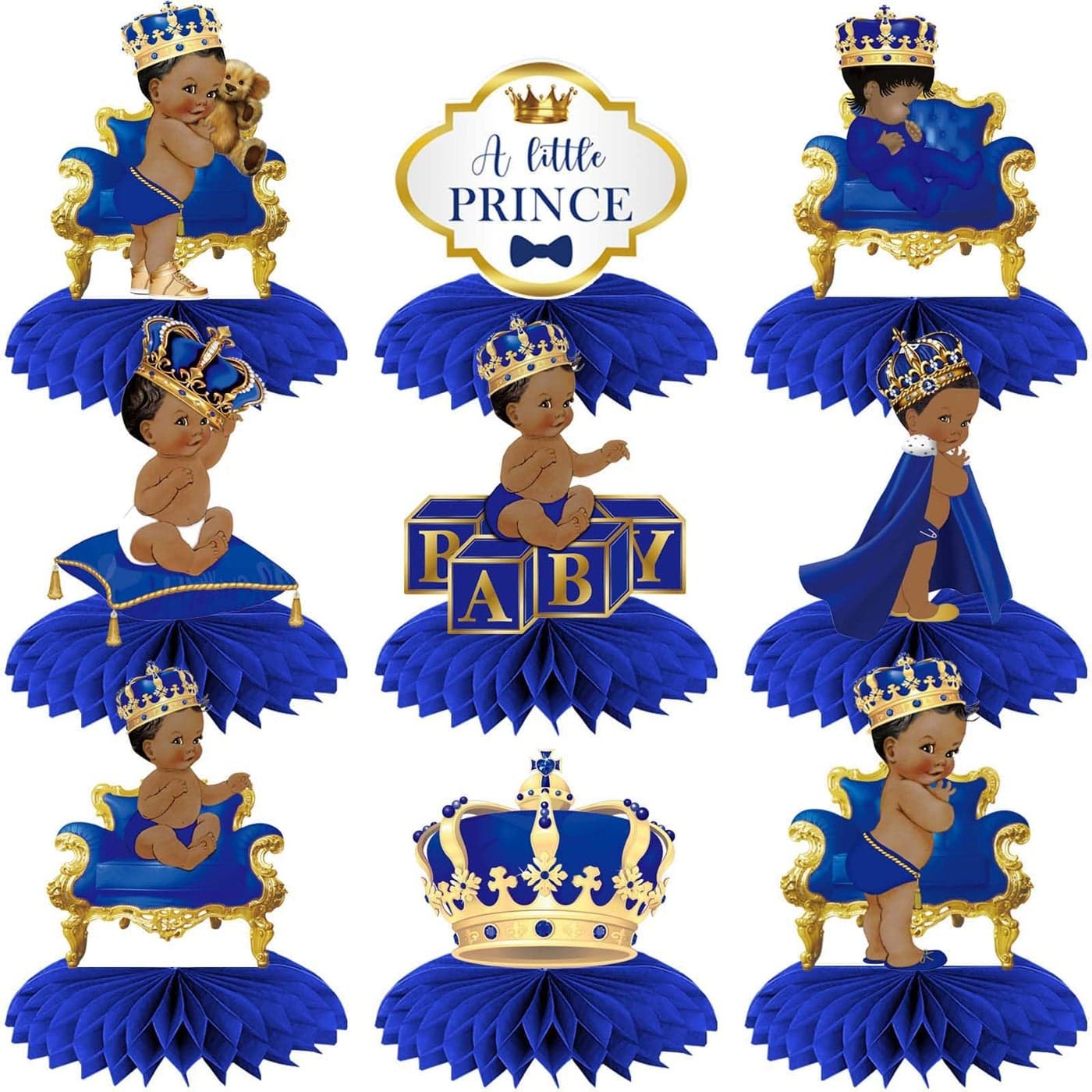9Pcs Royal Prince Honeycomb Centerpieces Table Toppers Little Prince Baby Shower for Table Decorations Prince Themed Birthday Party Supplies Wild One Birthday Party Decorations for Boys Kids