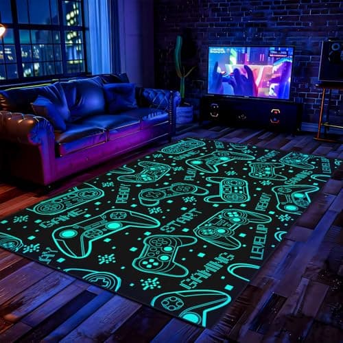 Auetwyona 4x6 Gaming Rug for Boys Room - 3D Printed Games Theme Fluorescent Green Gamer Area Rug for Livingroom Teen Boy Gamer Room Rug Decor Video Game Area Carpet for Bedroom,Game Room