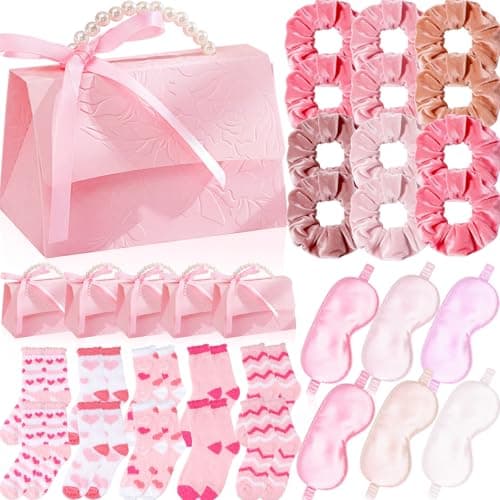 Eurzom 20 Pcs Valentine Gifts Set Bulk Pink Party Gift 5 Giftboxes 5 Sleeping Eye Mask 5 Velvet Scrunchies 5 Fuzzy Socks Galentines Gifts Sleepover Party Favor Supplies for Women Multicolor Pink