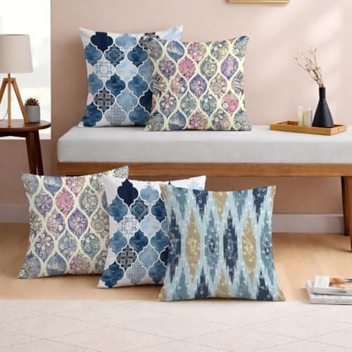 STITCHNEST Set of 5 Polycotton Cushion Covers – 12x12 Inches – Blue & Beige Moroccan and Ikat Print Combo – Elegant Sofa Cushion Covers for Living Room | Perfect for Home Decor