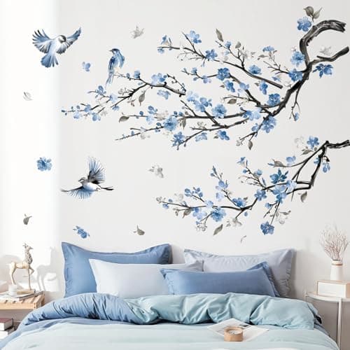 decalmile Watercolor Blue Flower Branch Wall Decals Blossom Tree Branch Floral Wall Stickers Bedroom Living Room Sofa TV Background Wall Dcor