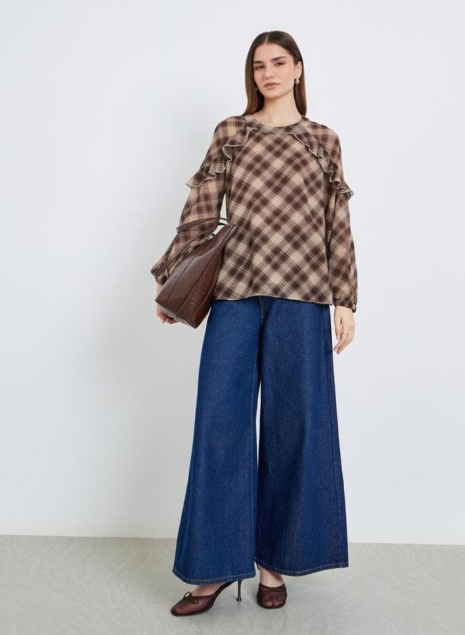 Women Brown Plaid Ruffle Blouse