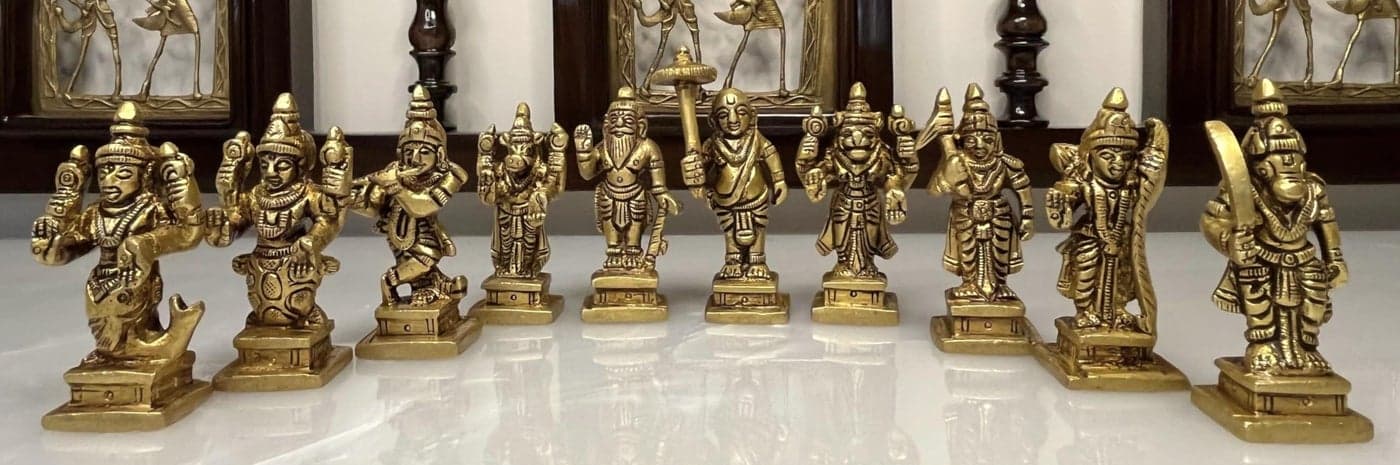 Yathashilpam Brass Lord Vishnu Ten Incarnations Dasavatharam Idols Set I Yellow Antique I Each of Approx 2.5 cm x 2 cm x 6 cm I Pack of 1 Set of 10 Idols