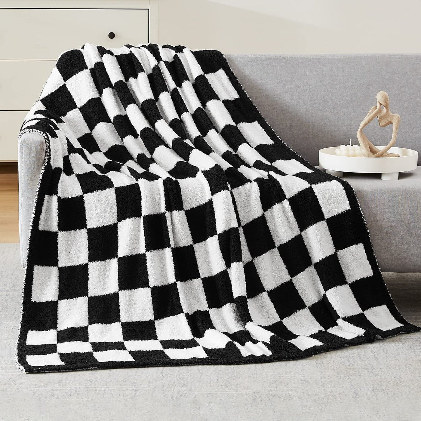 WRENSONGE Checkered Throw Blanket Black and White Soft Cozy Fluffy Warm Hand Made Throw Blankets for Couch Sofa Chair Bed Camping Picnic Travel Lightweight Bed Blanket 6080