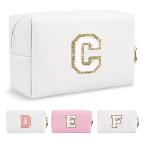Small Personalized Initial AZ Preppy Patch Makeup BagWhite PU Chenille Letter Travel Cosmetic Pouch with ZipperCute Toiletry BagGift Ideal for Teen Girls Women Teacher BridesmaidLetter C