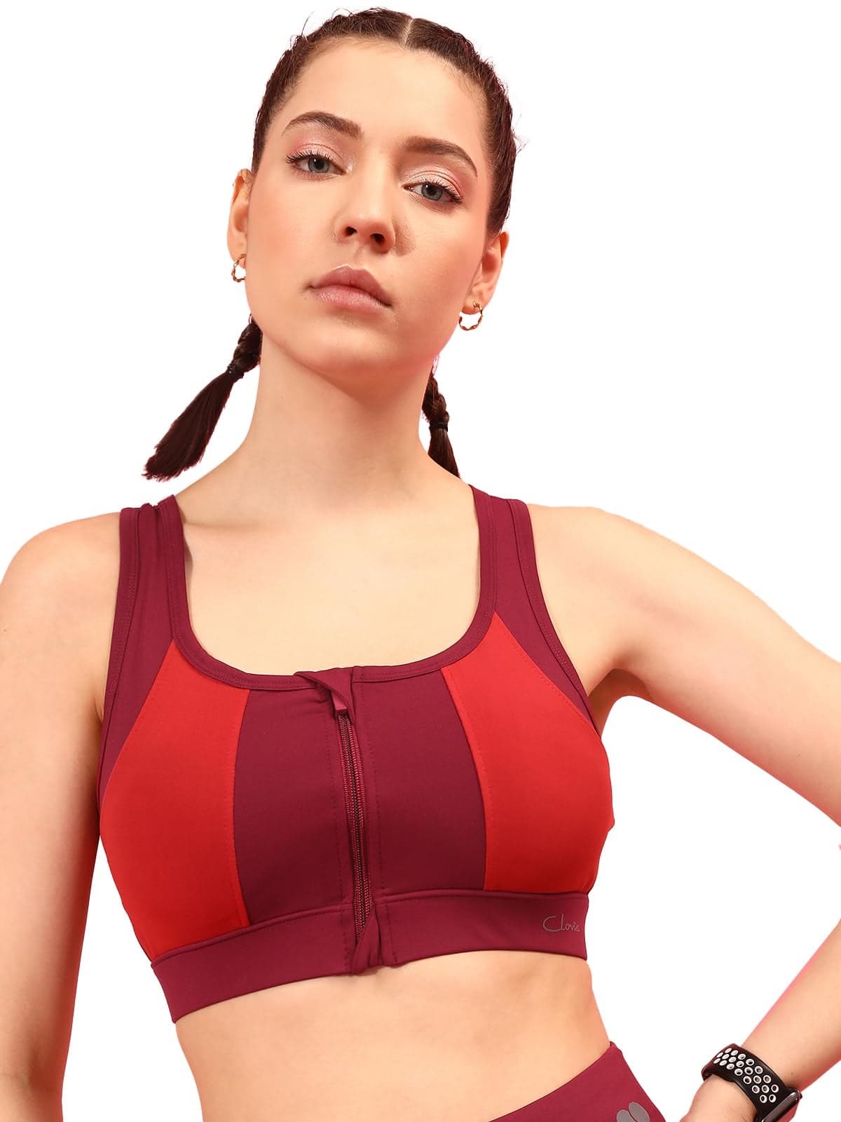 Clovia Women's Medium Impact Padded Colourblocked Racerback Sports Bra with Front Zipper (BRS051P09_Maroon_S)