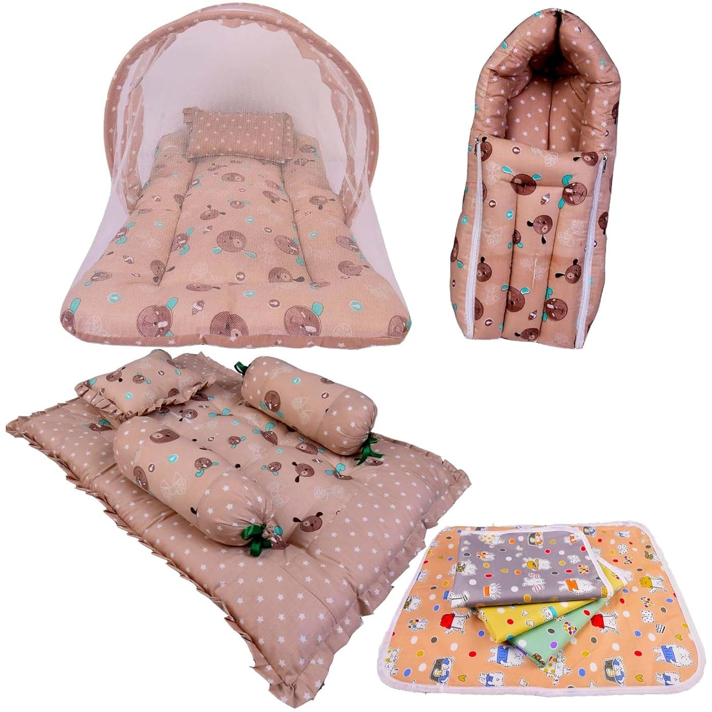 Kwitchy Baby Cotton Complete Sleeping Essentials All in One Bedding Essentials 06 Months Brown 4PCS Set