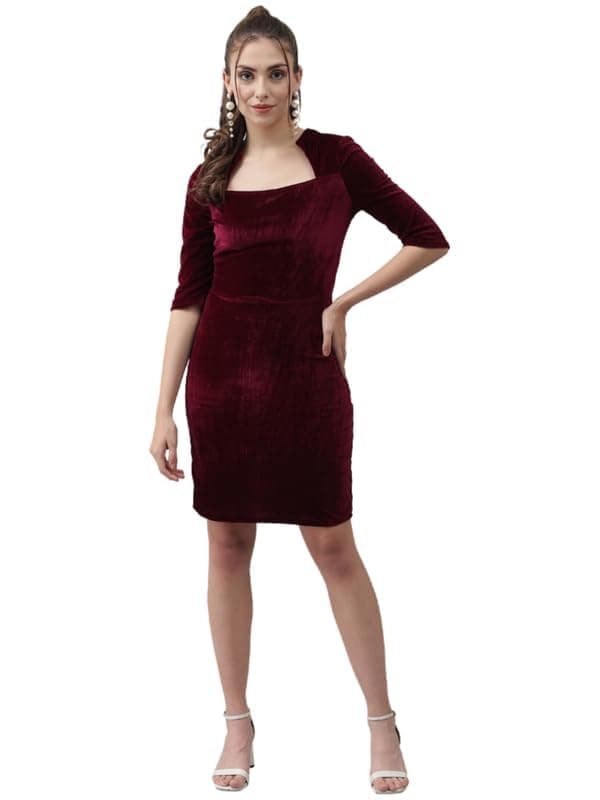 Vaararo One Piece Party Dress for Women Bodycon | Half Sleeves Shiny Velvet Stylish Outfit Wine X-Large