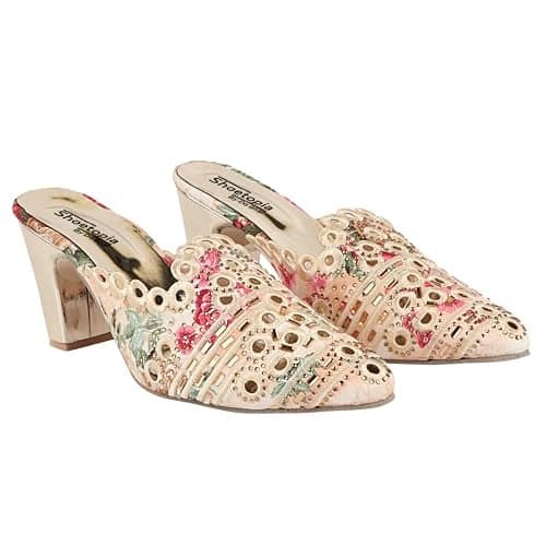 Shoetopia Women’s Embroidered Golden Floral Mule Heels – Closed Toe Block Heel Slip-On Party & Ethnic Footwear Sandals EU41