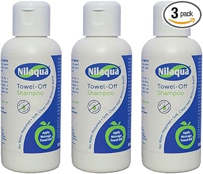 Nilaqua Towel off Shampoo 100ml trio Non Rinse with Vitamin E No Water Rinse free hair washing Kind and Gentle to Scalp Triclosan Free Paraben Free Latex Free Alcohol Free UK Manufactured