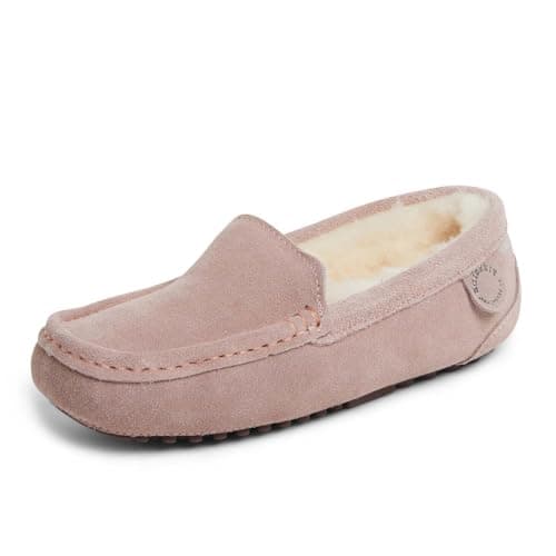 Dearfoams womens Fireside Mel Genuine Shearling Indoor/Outdoor Moccasin With Wide Widths Slipper, Dusty Pink, 9 US