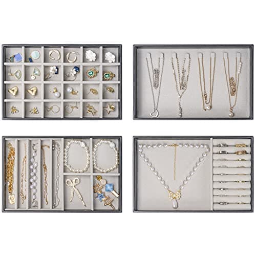 ProCase Stackable Jewelry Organizer Trays for Drawers, Jewelry Drawer Inserts Container Display Case Storage for Earring Necklace Rings Bracelet with Removable Dividers -Black, 4 Layers