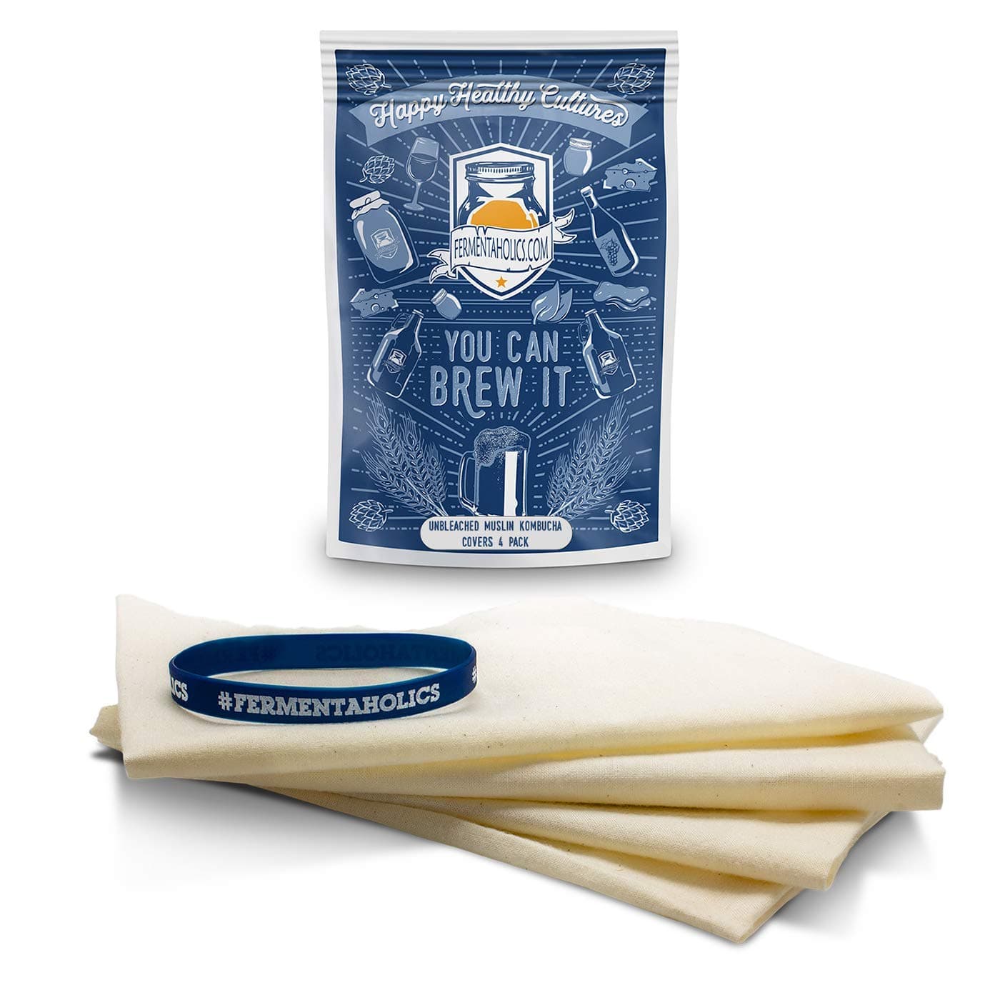 Fermentaholics Unbleached Muslin Kombucha Covers 4 Pack with Rubber Bands 10 Square Fits Wide Variety Of Jar Openings Tight Weave Keeps Flies Out Lets Your Kombucha Breathe Hand Wash