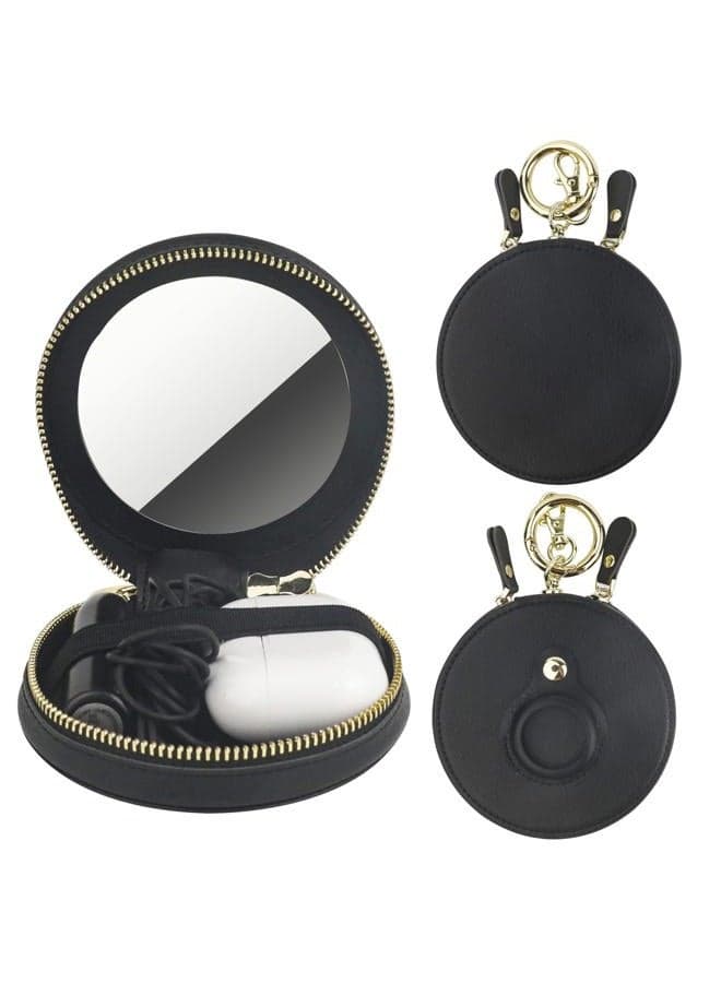 Coin Pouch Mini Lipstick Cosmetic Bag with Airtag Holder Mirror, Leather Zipper Travel Makeup Bag Organizer Keychain Ring Clasp for Keys Earbuds Earphone Lip Gloss Chapstick Women Girl (Black)