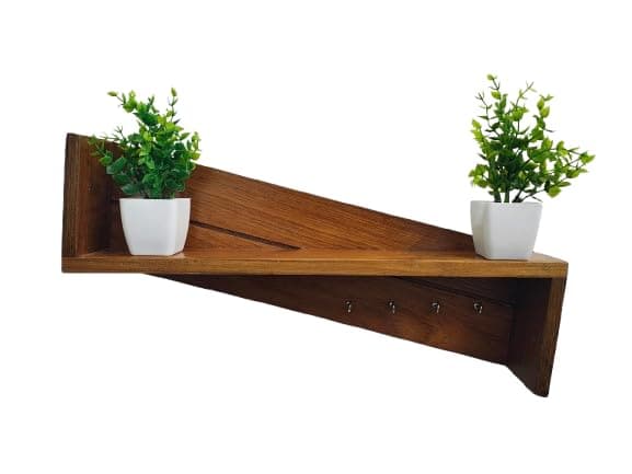 Floating Wall Shelf with Key Hooks Wooden Display Rack Modern Diagonal Design Brown