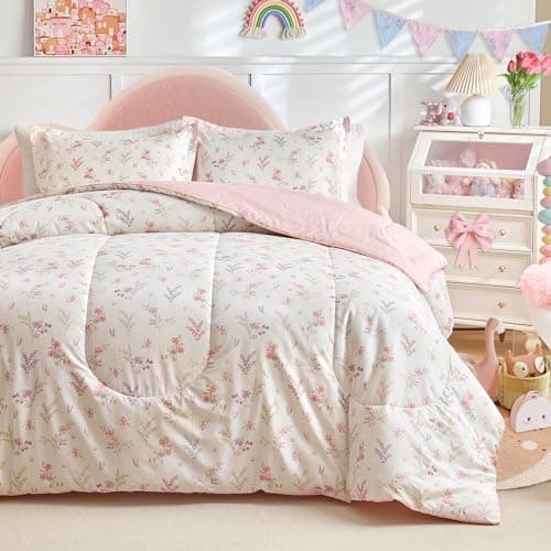 Joyreap 3pcs Cotton Comforter Set for Girls, Pink Floral Design, Twin Size Soft n Cozy Bedding Comforter Set for All Season- 68x88 inches