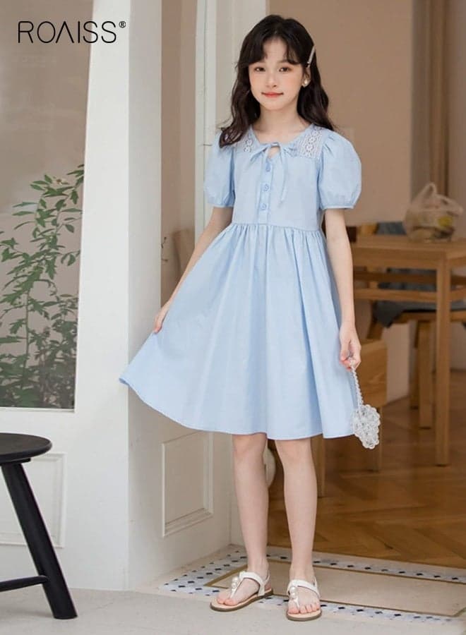 Girls Stylish Summer Dress, Elegant Chic A-line Dress with Lace Design, V Neck Puff Sleeve Frock, Comfortable Breathable Midi Dress for Girls, Suit for Daily Wear or Any Occasion