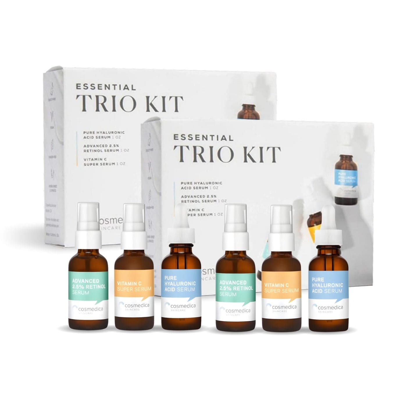 Cosmedica Skincare Facial Serum Trio Set Value for Clear Skin Vitamin C Super Serum 25 Retinol Serum Pure Hyaluronic Acid Serum Vegan CrueltyFree Skincare 6 pack