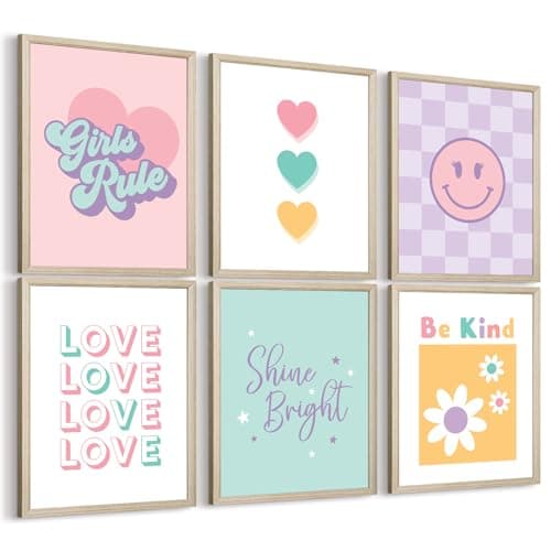 Girls Room Wall Art Kids Canvas Poster Nursery Wall Decor Pink Colorful Prints Baby Toddler Pictures Teen Girl Rule Artwork Love Smile Painting for Bedroom Playroom 8x10 Inch Wood Framed