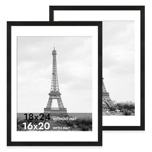 iRahmen 18x24 Picture Frame Set of 2 with Plexiglass, Black Poster Frame Display 16x20 Picture with Mat or 18 x 24 Without Mat, Wood Photo Frame for Gallery Wall Mounting Horizontal and Vertical