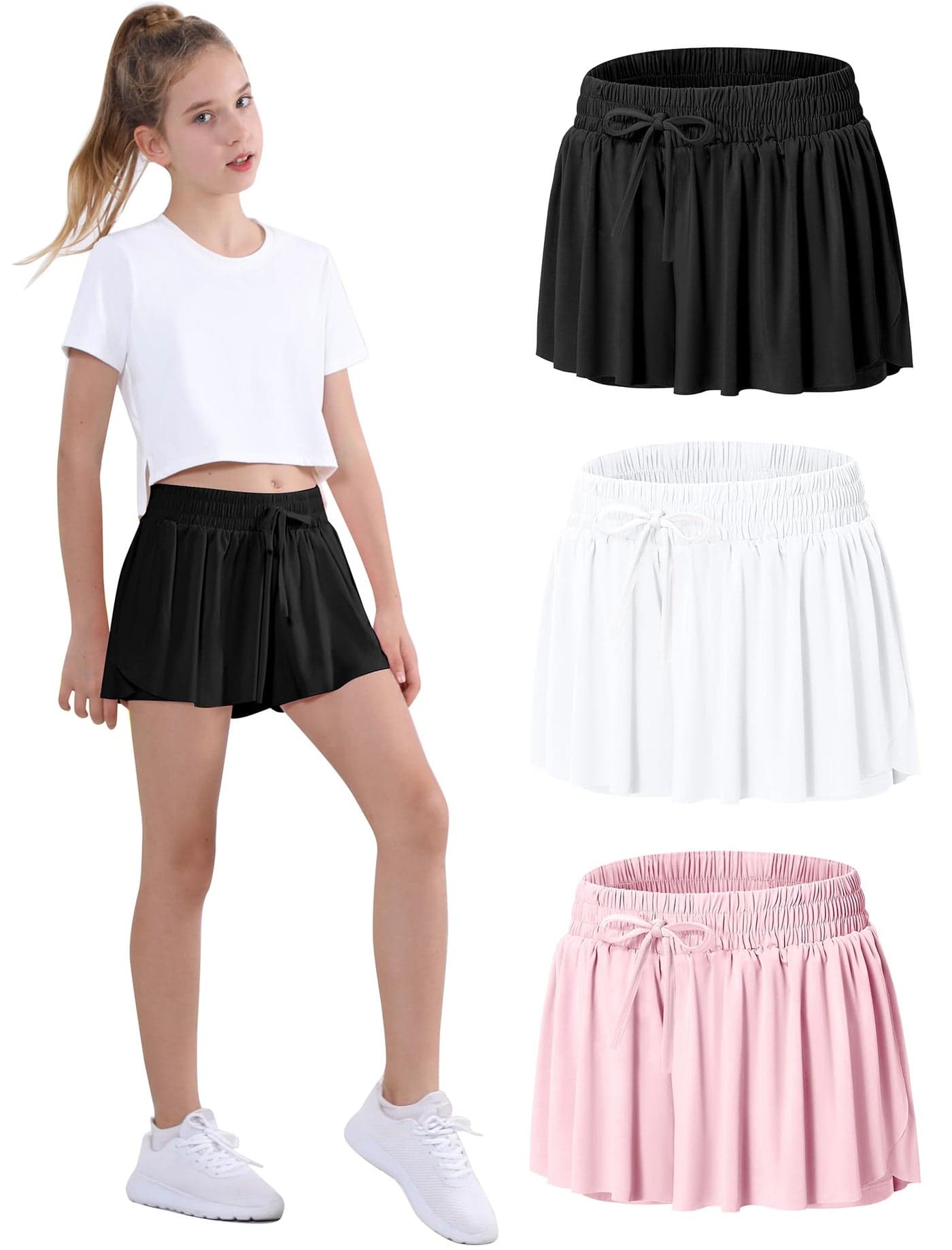 EXARUS 3 Pack Girls Shorts Butterfly Flowy Athletic Skort Dance Cheer Outfits Teen Running Skirts Preppy Tennis 2 in 1 Flutter Gym Kids Tween Clothes Black White Pink 8Y