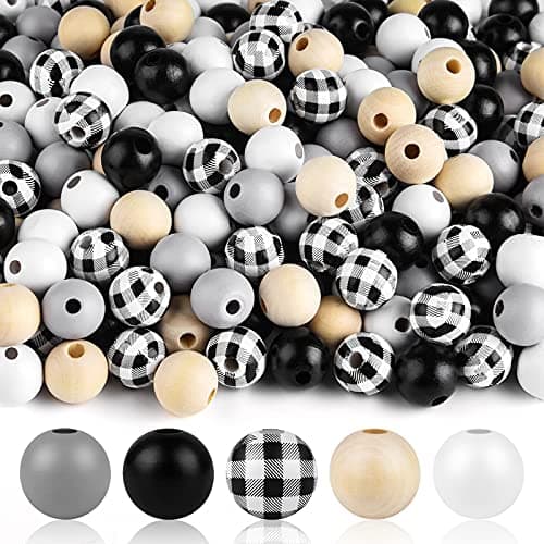 FEPITO 250 Pcs Plaid Wood Beads 16mm Farmhouse Checked Print Natural Buffalo Craft Beads for Decoration Home Decor DIY Craft Supplies