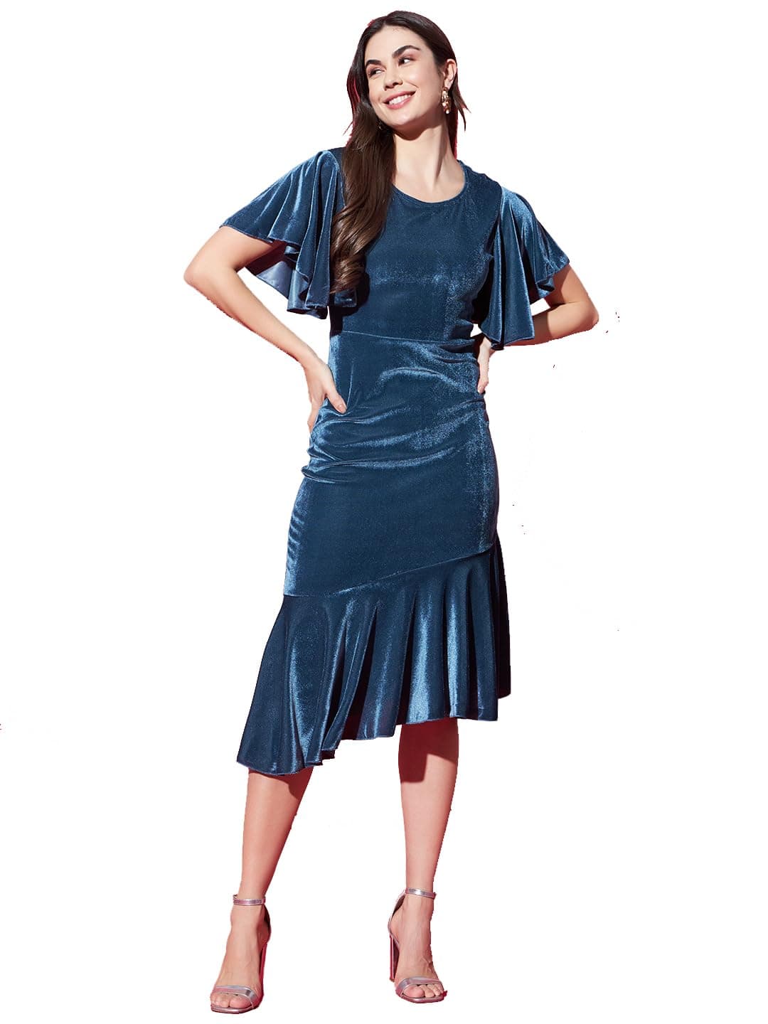 Vaararo Bodycon Midi Party Dress for Women | Shiny Velvet Fabric Fish Cut Ruffle Bottom Stylish Outfit Dark Teal Small
