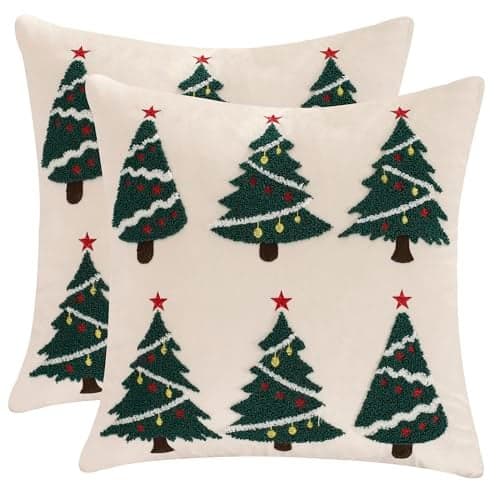 LUOYEHK Christmas Pillow Covers 18x18 Set of 2 Christmas Tree Decorative Beige Pillow Cases Winter Holiday Velvet Embroidered Cushion Covers for Couch Sofa Bed