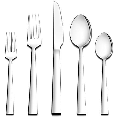 LIANYU 60-Piece Silverware Set, Stainless Steel Square Flatware Cutlery Set for 12, Eating Utensils Tableware, Mirror Finish, Dishwasher Safe