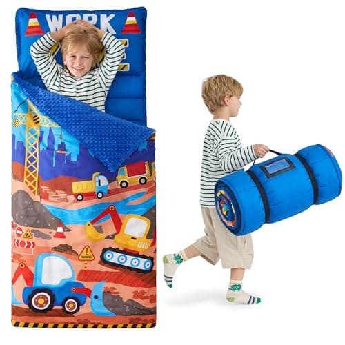 JOIEDOMI Toddler Sleeping Bag for Kids 55x30 Nap Mat with Removable Pillow and Minky Blanket for Toddler Ages 37 Roll Up Kids Sleeping Bag for Boys Girls Kindergarten Daycare Sleepover Vehicle