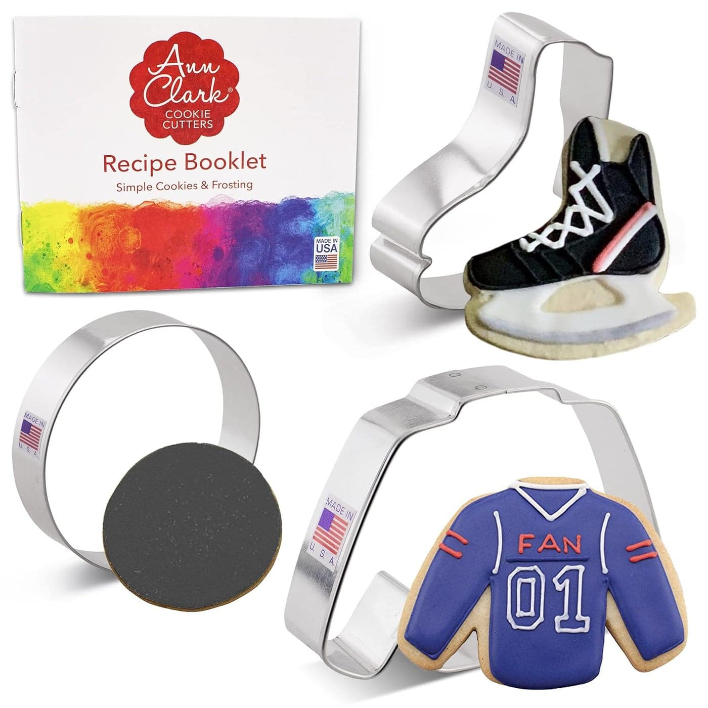 Ann Clark Cookie Cutters 3 Piece Ice Hockey Set with Recipe Booklet Jersey Hockey Skate and Puck
