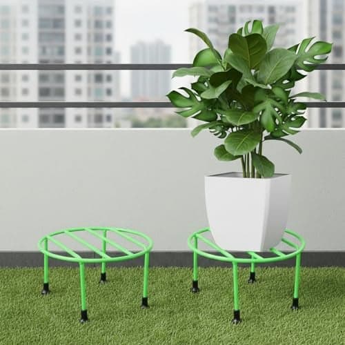 ORILEY Plant Round Stand Galvanised Metal Flower Pot Holder Gamla Support Corner Rack Outdoor Display Shelf for Home Garden Balcony Decoration - (Pack of 2, Green)