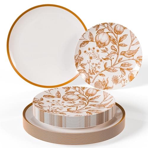 Trendables 80 Piece Plastic Disposable Plates Set For 40 Guests I 40 X 8 Inch Dessert Plates & 40 X 10 Inch Disposable Plastic Plates | Wedding Party Plates | White & Brown Pomegranate Design