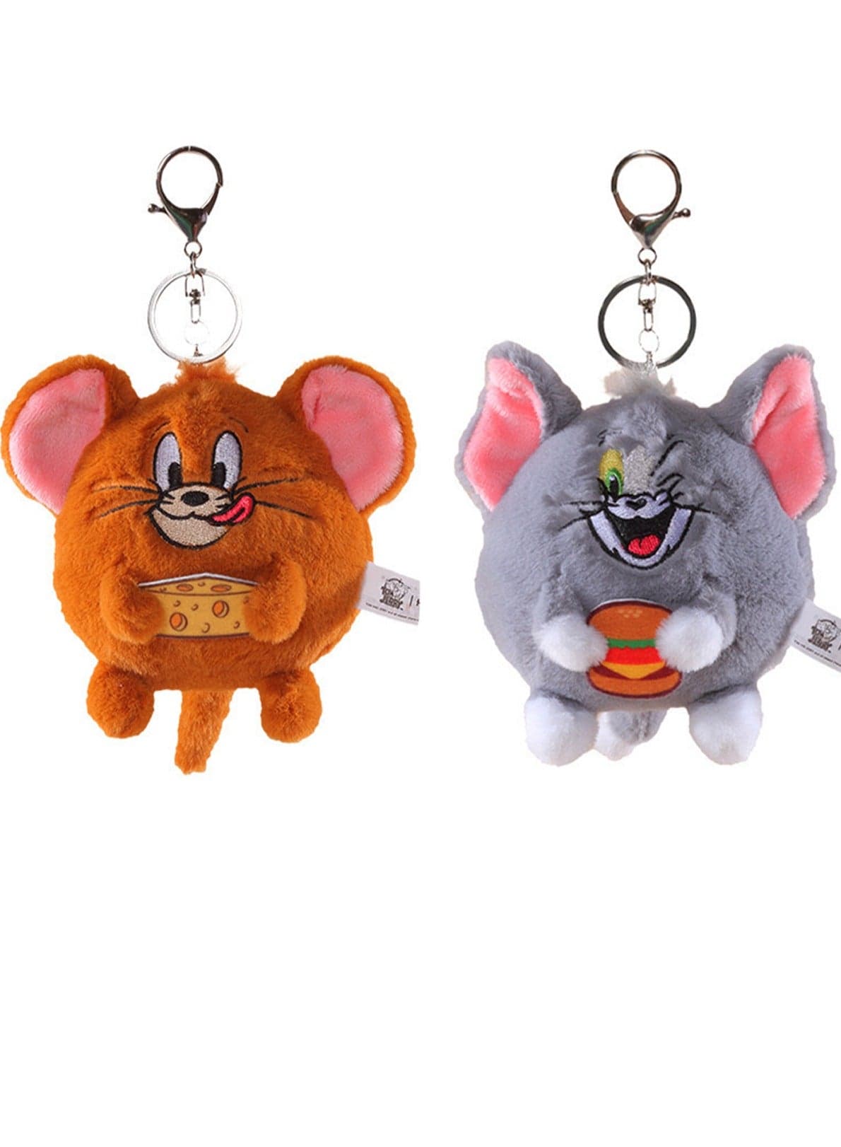 2-Piece Tom Cat and Jerry Mouse Plush Toy Backpack Shoulder Bag Accessory Plush Animal Keychain Birthday Gift for Boys and Girls (10cm - Hug Cheese/Burger Style)