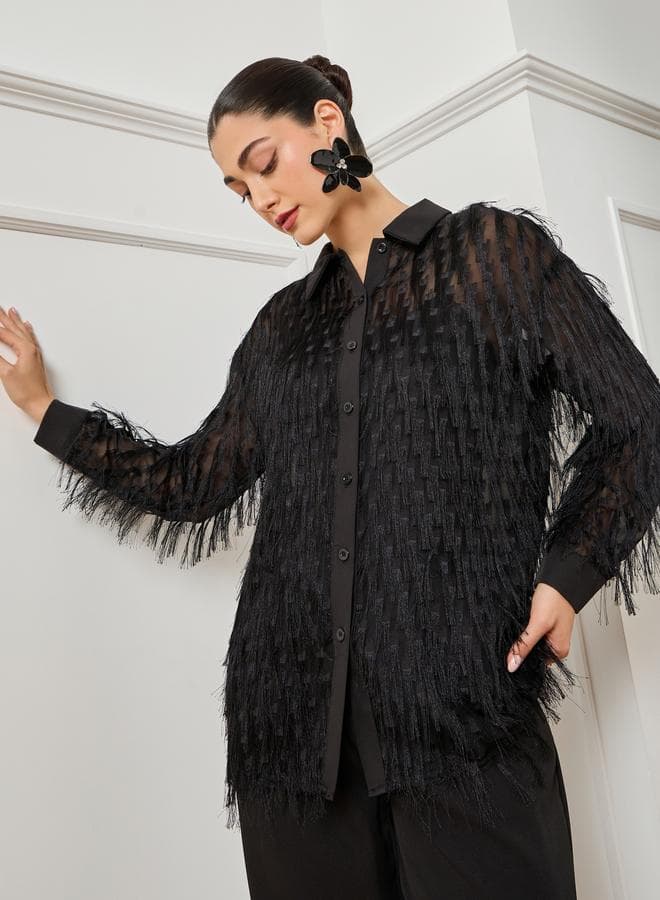 Women Black Fringe Detail Buttoned Shirt