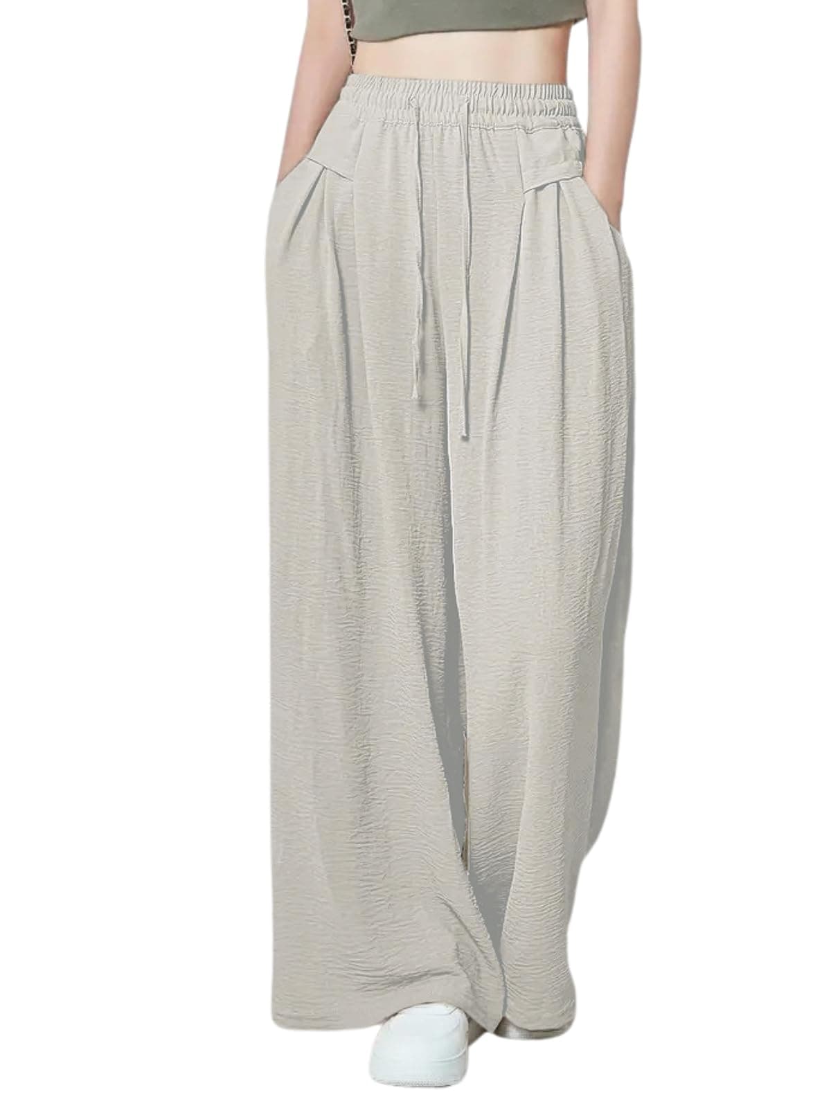 GRECIILOOKS Women's Loose High Rise Textured Trousers | High-Waisted Pant | Korean Trousars Beige