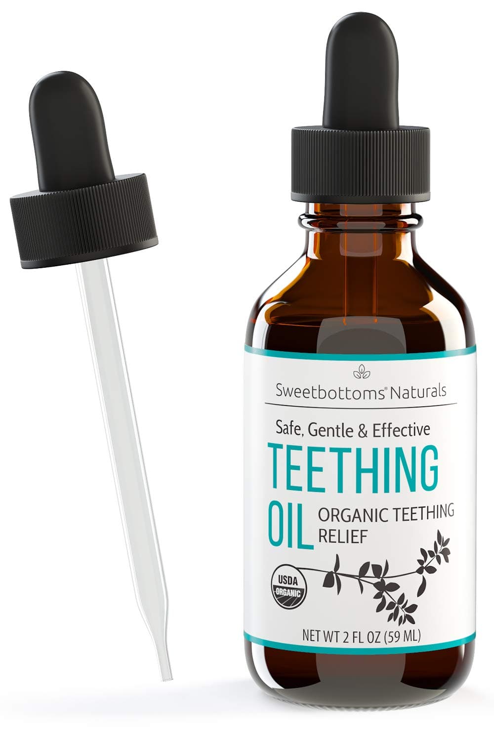 Certified Organic Teething Oil Ease Teething Discomfort Sore Gums Quickly Effectively Natural Vegan Botanical Ingredients 2 oz Bottle With Glass Dropper Baby Teething Relief