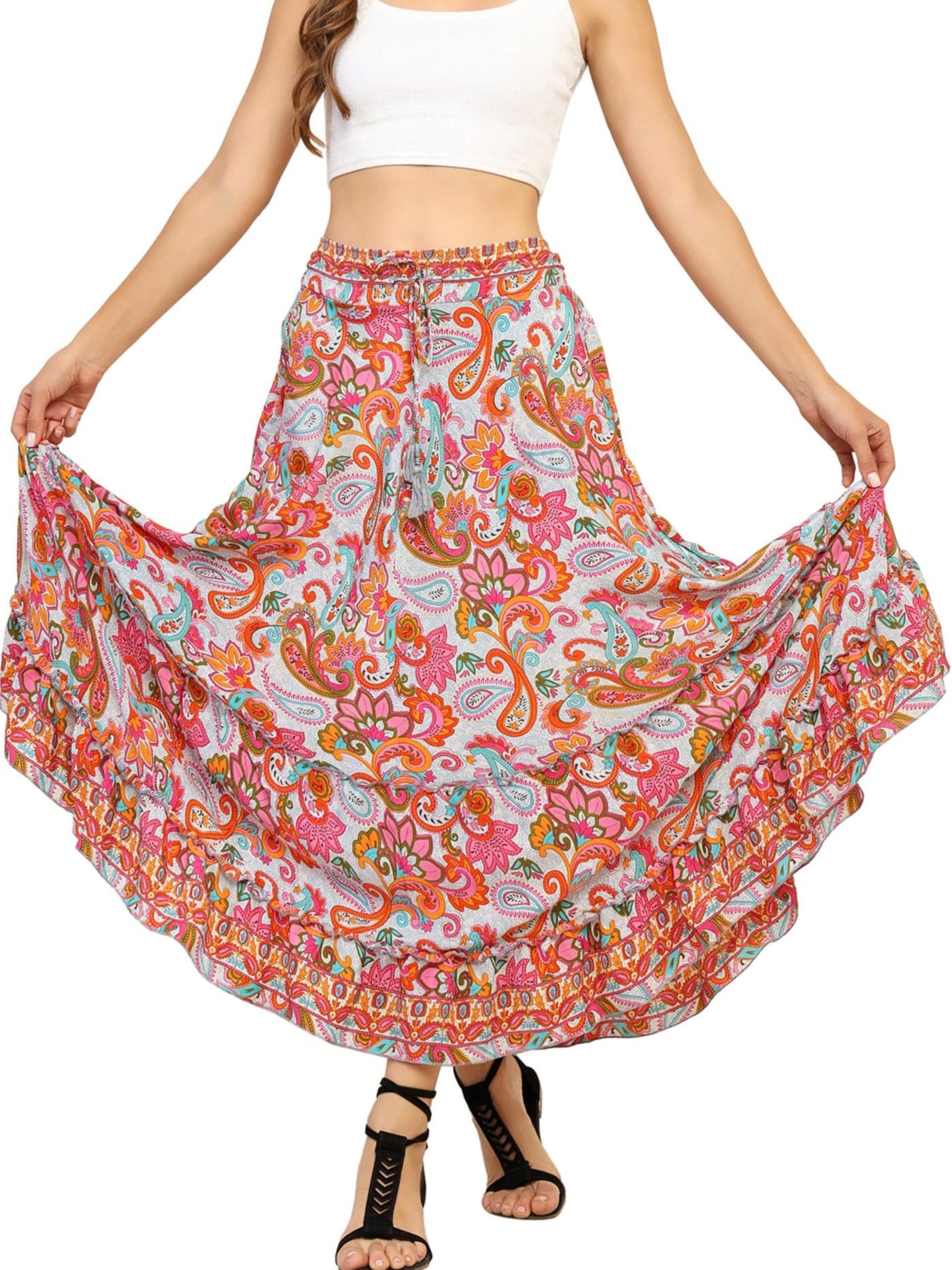 KE KANHA EXPORTS Skirt for Woman|Long Skirt for Woman|Maxi Skirts for Women|Boho Maxi Beach Border Print|Lightweight Flowy Summer|Printed|Easily fits S to L|Waist 28 to 46 inch Length 38 inch