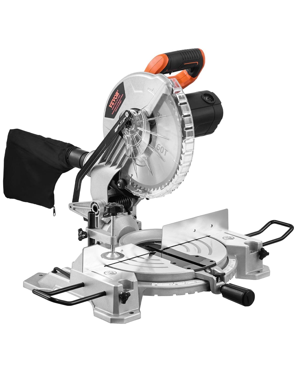 VEVOR Compound Miter Saw, 10-Inch Blade, 15 Amp Motor, 60-Tooth, Corded Single Bevel 0-45°, LED Precision Alignment, Angle Adjustable, Lightweight Cast Aluminum Base, for Wood, Composite Decking
