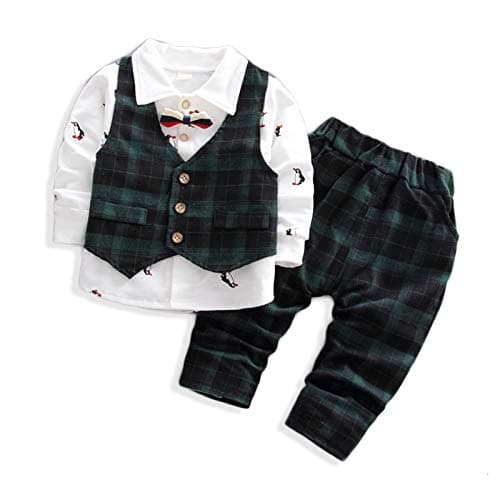 Bold N Elegant Cute Cartoon Printed Full Sleeve Shirt with Plaid Waistcoat Bowtie and Pant 3 pc Clothing Set for Toddler Boys (18-24 Months, Green Plaid)