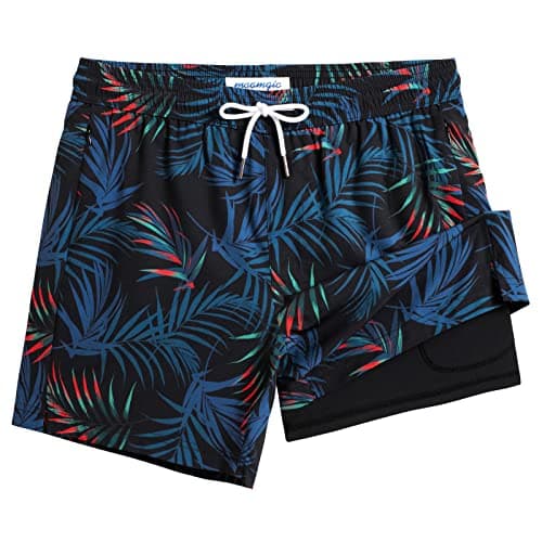 maamgic Mens Swim Trunks with Compression Liner 5" Stretch Athletic Swimming Shorts Quick Dry with Zipper Pockets No-Chafing Board Shorts Black-Orange Leaf Silhouette Large